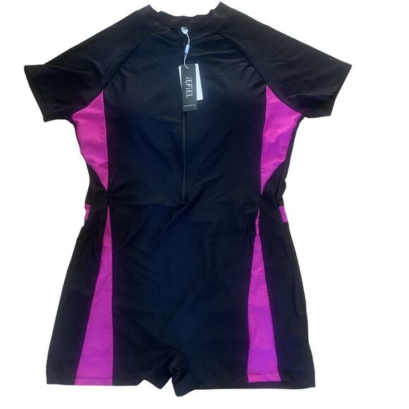 NWT IEFIEL BLACK/PINK RASH GUARD SHORT SLEEVE ZIP ONE PIECE SWIMSUIT/WETSUIT XXL - Picture 5 of 10